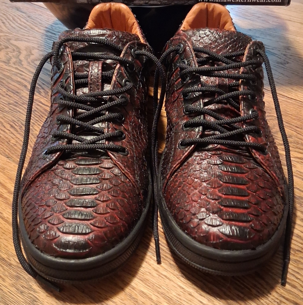 Men Sneakers Exotic Luxury Black Cherry Python Leather Alfa Western Wear Size 10